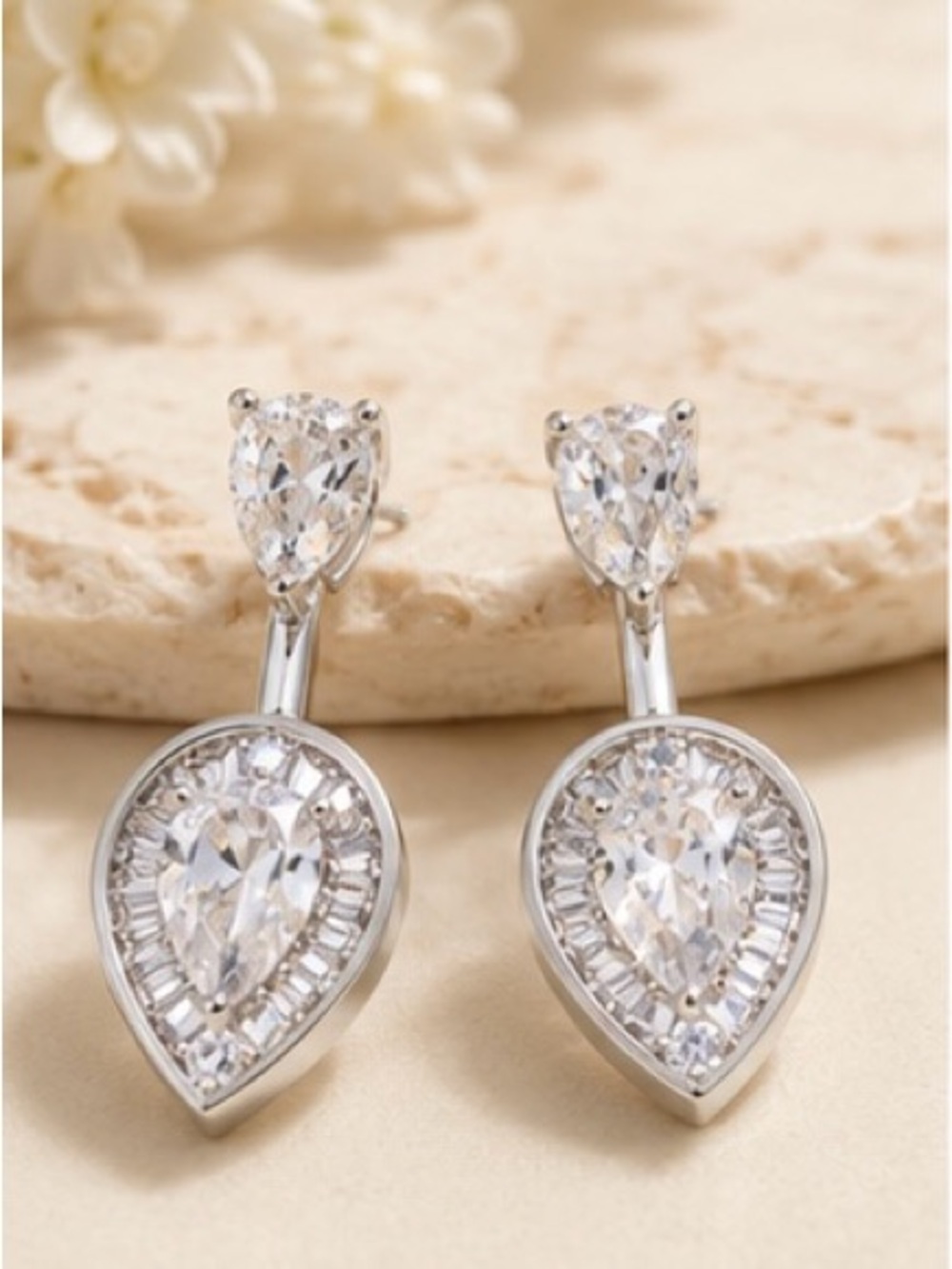 Nordstrom CZ Teardrop Drop Earrings Silver Tone NWT